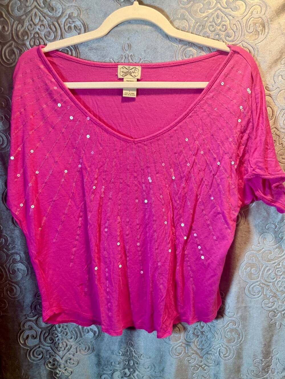 Eyelash Couture Pink Sequin Rayon Short Sleeve Top Size L